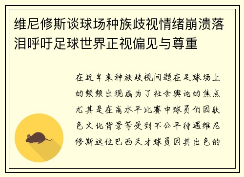 维尼修斯谈球场种族歧视情绪崩溃落泪呼吁足球世界正视偏见与尊重 维尼修斯谈球场种族歧视情绪崩溃落泪呼吁足球世界正视偏见与尊重